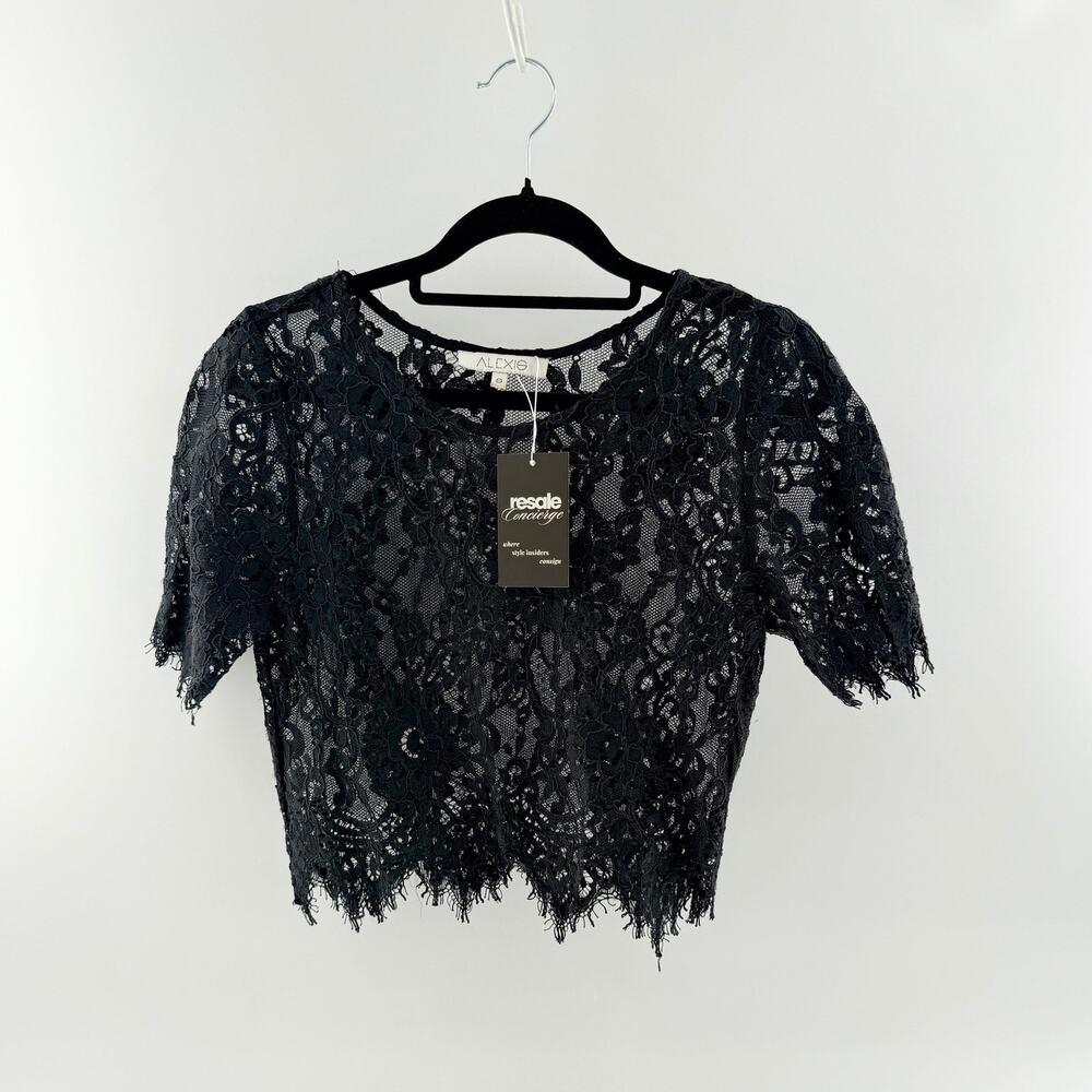 Alexis Short Sleeve Round Neck Semi-Sheer Cropped Lace Top Black Women's Small